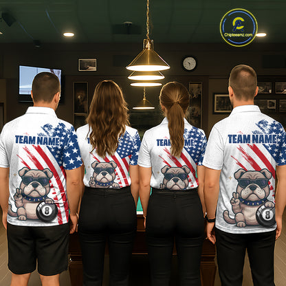 Four people wearing matching shirts with a bulldog and American flag design in a pool hall.