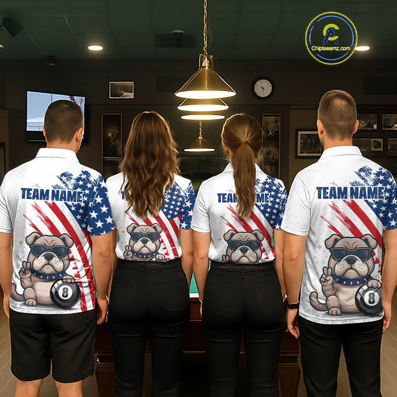 Four people wearing matching shirts with a bulldog and American flag design in a pool hall.