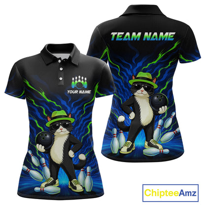 Black short-sleeve polo shirt shown from front and back with a bowling-themed cartoon cat graphic, blue and green lightning-style background, and customizable text areas reading TEAM NAME and YOUR NAME. A ChipteeAmz logo appears in the bottom right.