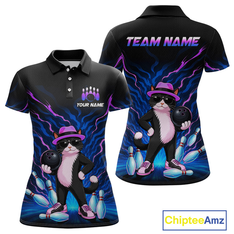 Black short-sleeve polo shirt shown from front and back with a colorful bowling-themed graphic featuring a black cat in a pink hat, bowling balls, pins, and purple lightning effects. The front has placeholder text reading 'YOUR NAME' and the back has 'TEAM NAME'.