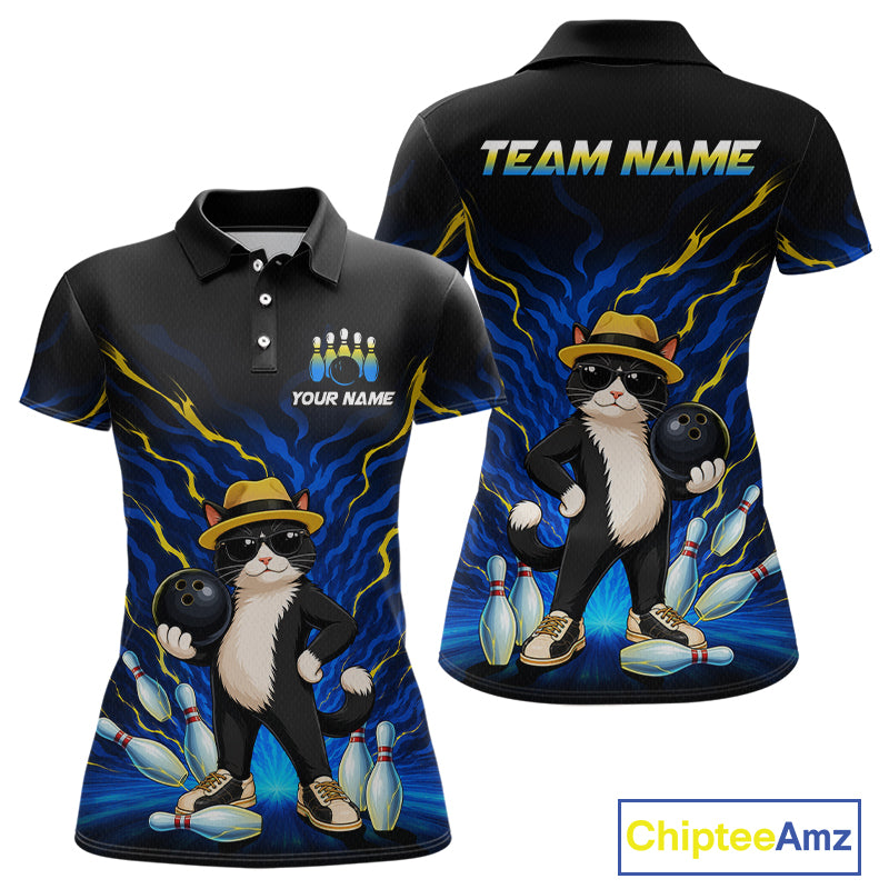 Custom short-sleeve polo shirt shown from front and back on a white background. The shirt is black with a blue and yellow lightning-bolt graphic, featuring a cartoon cat bowling character and bowling pins.
