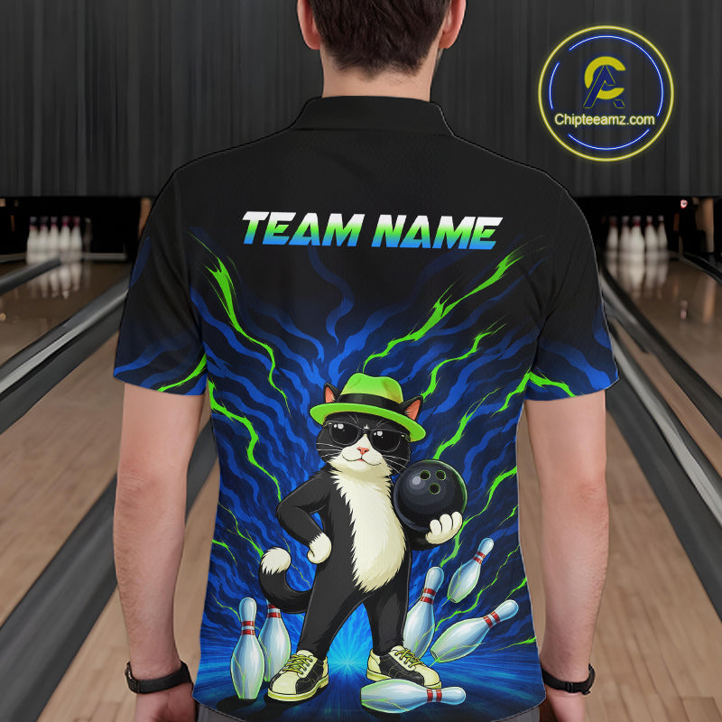 A man viewed from behind wearing a black short-sleeve bowling-themed polo shirt with a colorful graphic of a cat in a green hat holding a bowling ball, surrounded by bowling pins and blue lightning effects. The shirt has 'TEAM NAME' printed on the back.