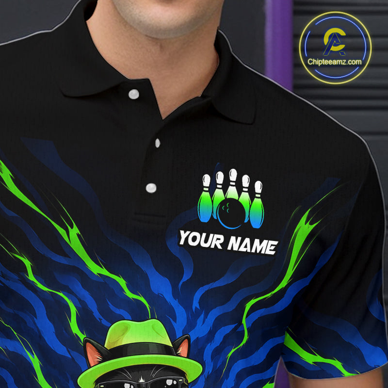 A close-up of a black short-sleeve polo shirt worn by a model, featuring a custom bowling-themed graphic with neon green and blue swirls, a bowling pins and ball design, and the text 'YOUR NAME'. A circular 'Chipteamz.