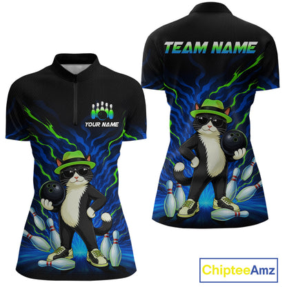 Black short-sleeve bowling-themed polo shirt shown from front and back on a white background. The shirt features a cartoon cat wearing a green hat and sunglasses, holding bowling balls and pins, with blue lightning effects and green accents.