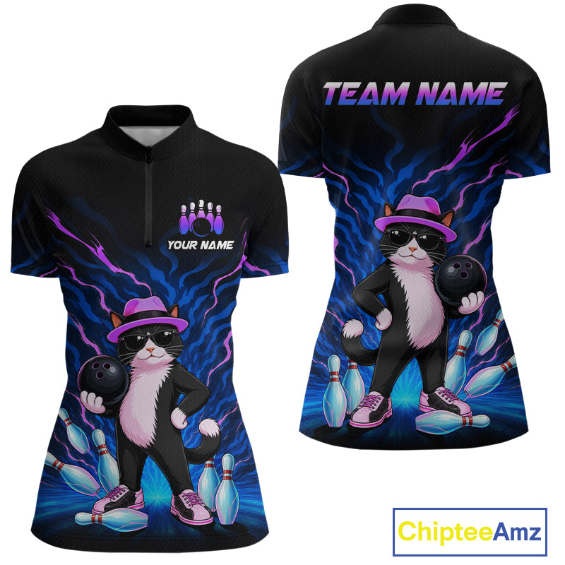 Black short-sleeve bowling-themed custom jersey shown from front and back on a white background. The design features a cartoon cat in a pink hat and sunglasses holding bowling balls and pins, with purple lightning effects and placeholder text 'TEAM NAME' and 'YOUR NAME'.