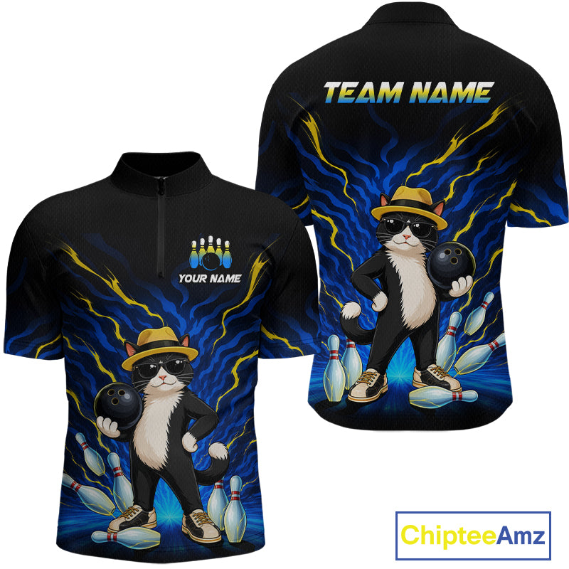 Black short-sleeve quarter-zip performance shirt shown from front and back, featuring a cartoon black-and-white cat wearing sunglasses and a hat with bowling balls and pins, blue lightning graphics, and customizable text areas on the chest and back. A ChipteeAmz logo appears in the bottom right.
