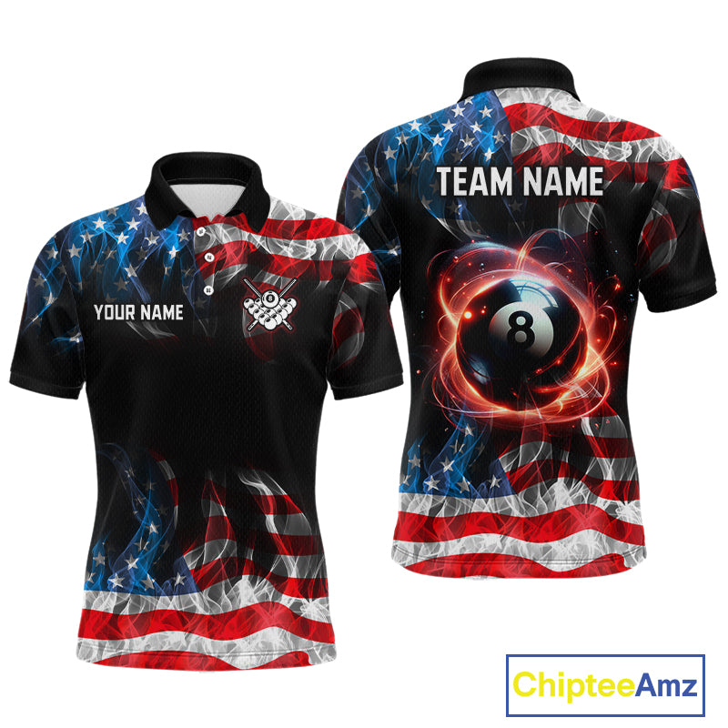 Front and back views of a short-sleeve polo shirt featuring a patriotic American flag design with red, white, and blue stripes and stars. The front has placeholder text 'YOUR NAME' and 'TEAM NAME' along with a billiards-themed crest.
