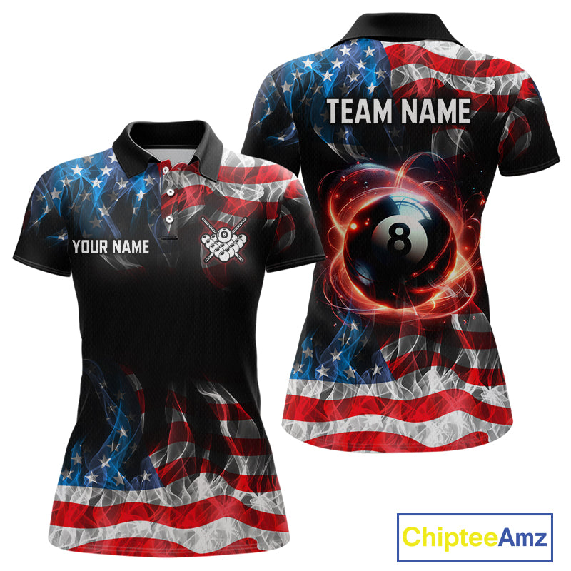 Customizable polo shirt mockup showing front and back views with an American flag and billiards theme. The shirt features a black base with red and white wavy stripes, a blue star pattern on the upper chest, a 8-ball graphic with glowing effects on the back, and placeholder text 'YOUR NAME' and 'TEAM NAME'.