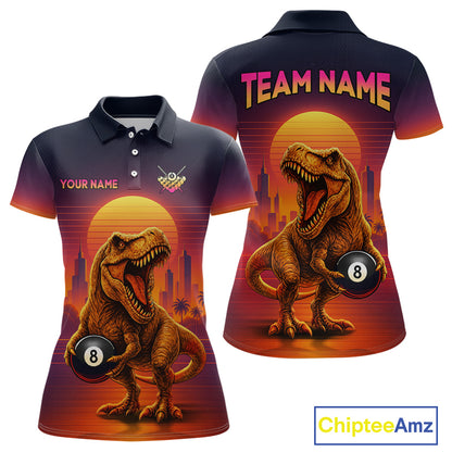 Custom short-sleeve polo shirt shown from the front and back, featuring a large 3D dinosaur billiards graphic with a T-rex holding an 8-ball over a sunset city skyline. The shirt has a dark navy-to-orange gradient base with pink and yellow text placeholders reading 'TEAM NAME' and 'YOUR NAME'.