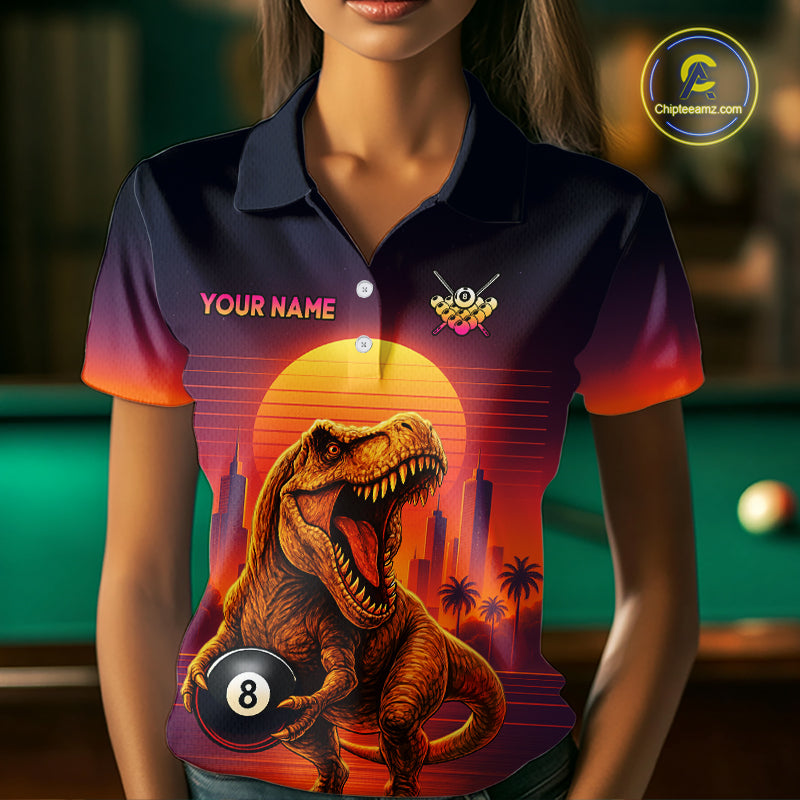 A woman wearing a custom short-sleeve polo shirt with a dinosaur graphic. The shirt features a dark navy blue collar and shoulders that fade into a sunset gradient of orange, red, and yellow.