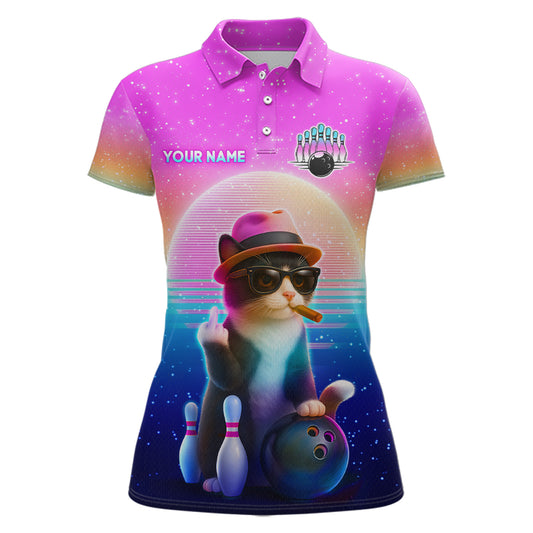 Custom Funny Cat Bowling Shirt for Women Retro Wave Bowling Team Jersey Polo & 1/4 Zip HNT200