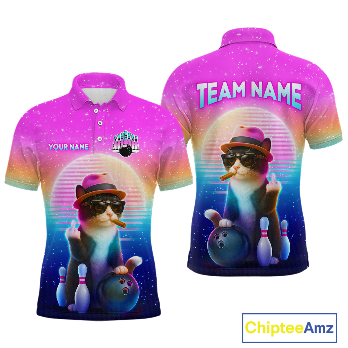 Custom Funny Cat Bowling Shirt for Men Retro Wave Bowling Team Jersey Polo & 1/4 Zip HNT200