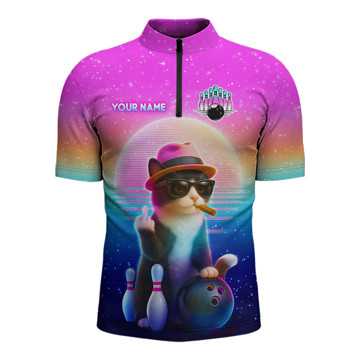 Custom Funny Cat Bowling Shirt for Men Retro Wave Bowling Team Jersey Polo & 1/4 Zip HNT200