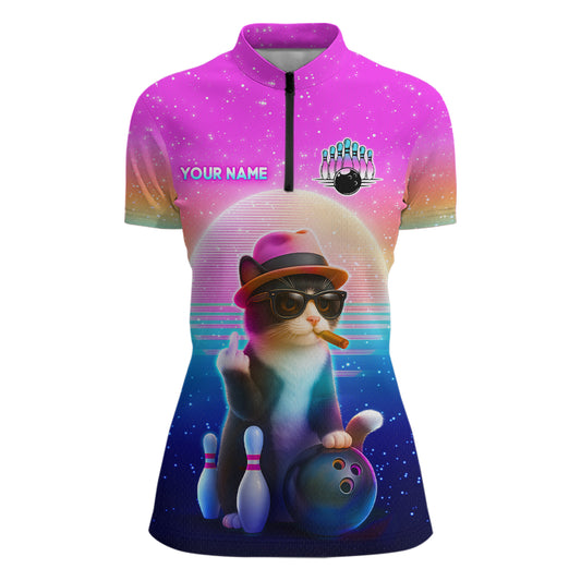 Custom Funny Cat Bowling Shirt for Women Retro Wave Bowling Team Jersey Polo & 1/4 Zip HNT200