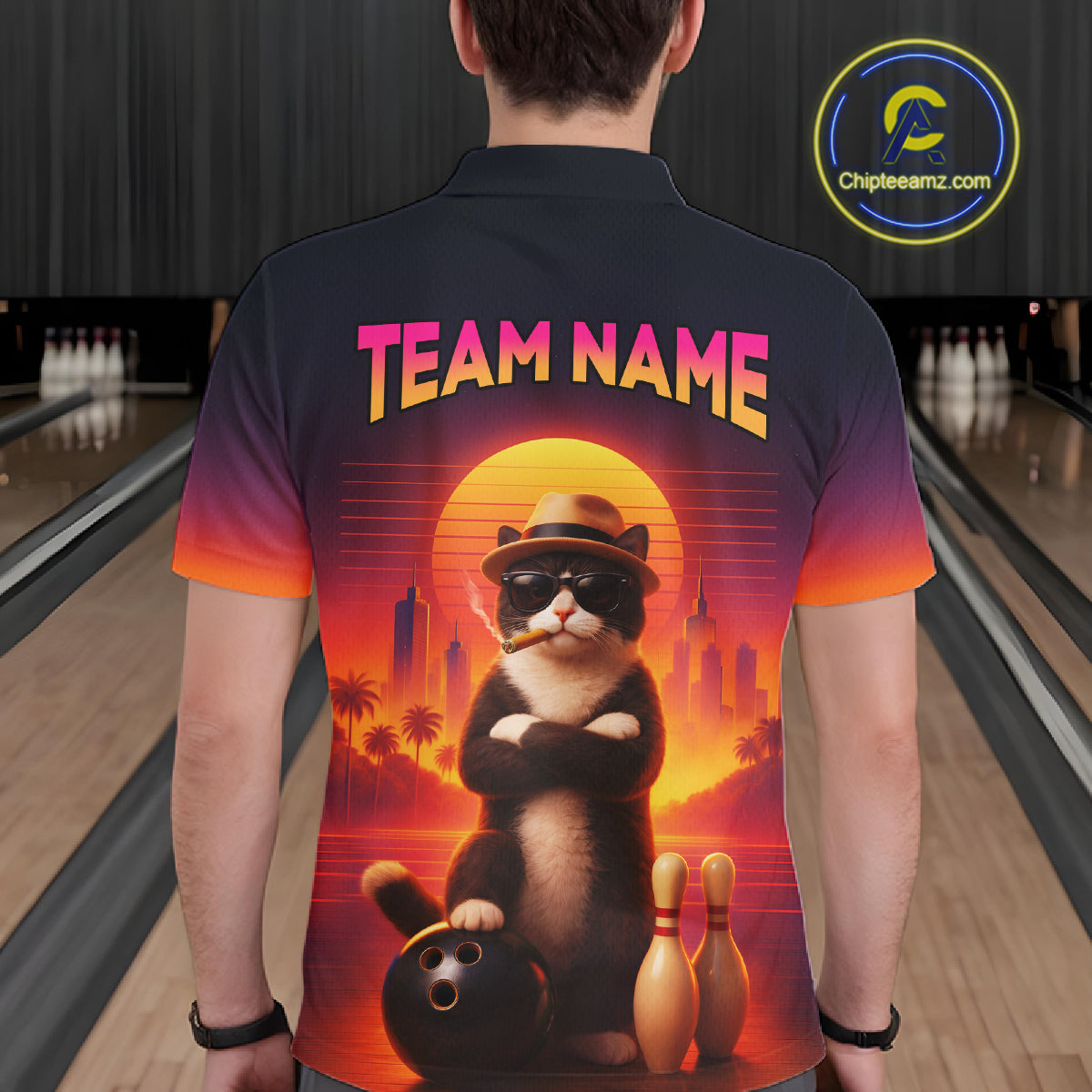 Custom Funny Cat Retro Bowling Jersey for Men Bowling Polo & 1/4 Zip Bowling Team Shirts HNT199