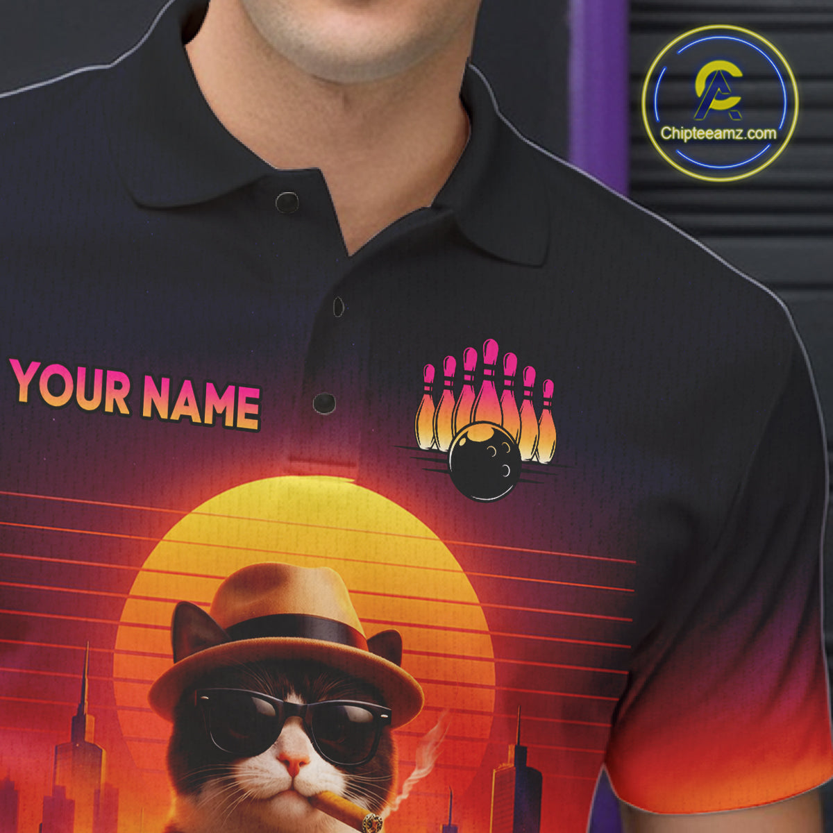 Custom Funny Cat Retro Bowling Jersey for Men Bowling Polo & 1/4 Zip Bowling Team Shirts HNT199