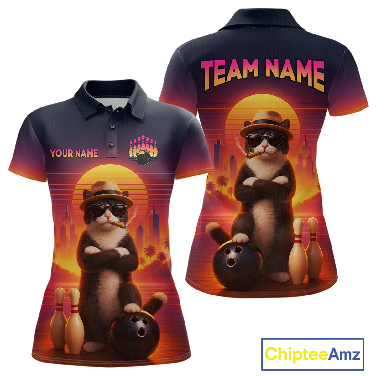 Custom Funny Cat Retro Bowling Jersey for Women Bowling Polo & 1/4 Zip Bowling Team Shirts HNT199