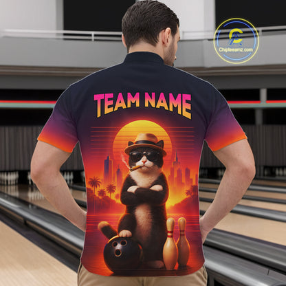 Custom Funny Cat Retro Bowling Jersey for Men Bowling Polo & 1/4 Zip Bowling Team Shirts HNT199