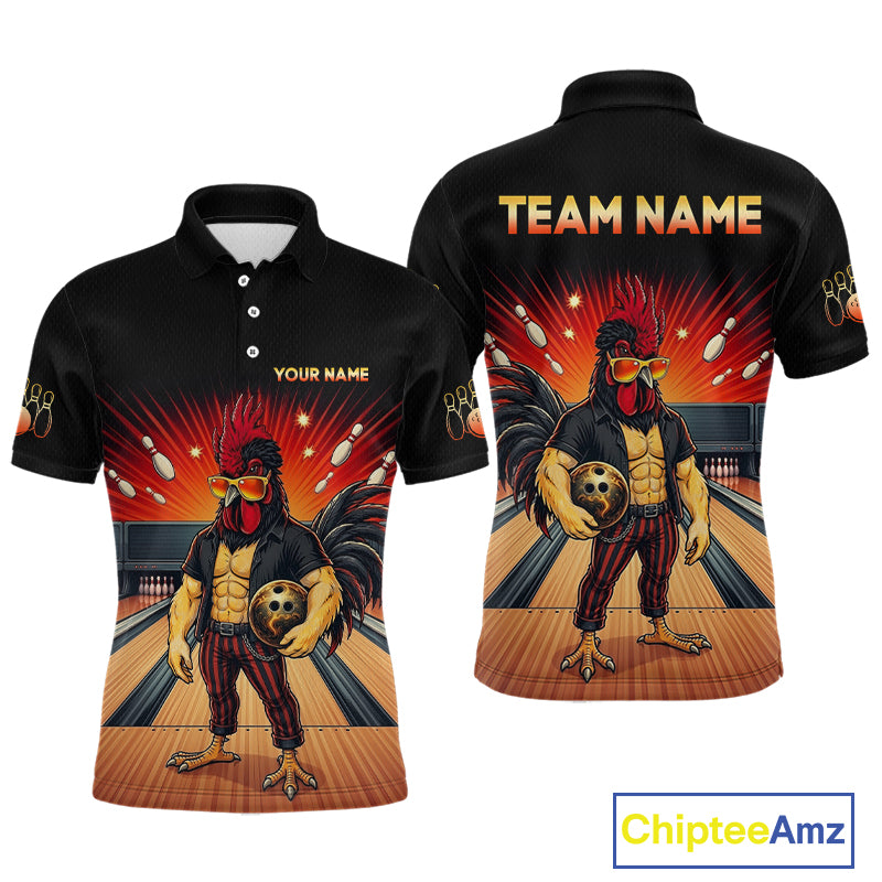 Custom funny rooster bowling jersey for men, personalized team bowling polo shirt front view and back view