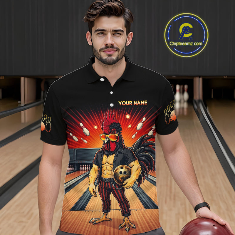 Men’s funny rooster bowling polo shirt, front view on male model in bowling lane 