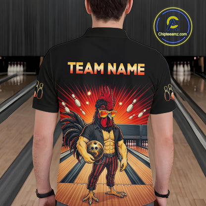 Men’s funny rooster bowling polo shirt, back view on male model in bowling lane 