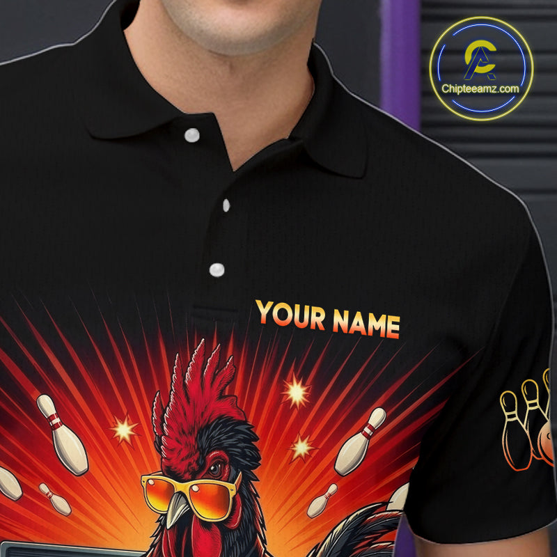 Men’s funny rooster bowling polo shirt with custom name, angled front view showing custom team design 
