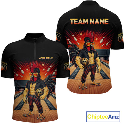 Custom funny rooster bowling jersey for men, personalized team bowling quarter zip shirt front view and back view