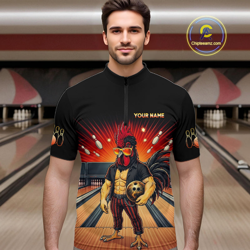 Men’s funny rooster bowling quarter zip shirt, front view on male model in bowling lane 