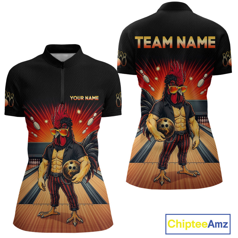 Custom funny rooster bowling jersey for women, personalized team bowling quarter zip shirt front view and back view