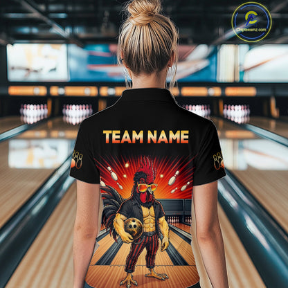 Women’s funny rooster bowling quarter zip shirt, back view on female model in bowling lane 