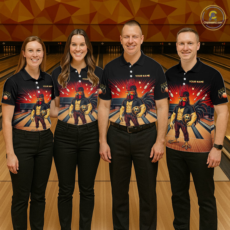 Group of bowlers in funny rooster team shirts, personalized bowling uniforms front view.