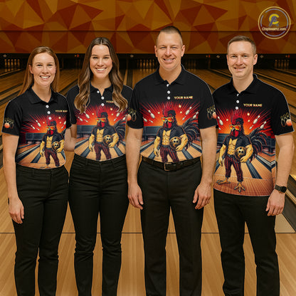 Group of bowlers in funny rooster team shirts, personalized bowling uniforms front view.