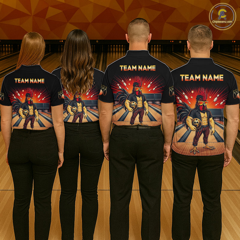 Group of bowlers in funny rooster team shirts, personalized bowling uniforms back view.