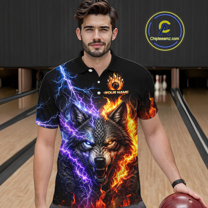 Men’s fire lightning wolf bowling polo shirt, front view on male model in bowling lane 