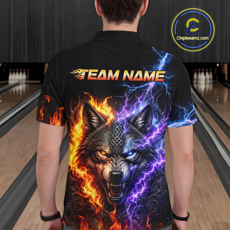 Men’s fire lightning wolf bowling polo shirt, back view on male model in bowling lane 