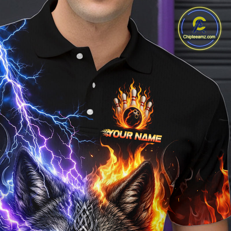 Men’s fire lightning wolf bowling polo shirt with custom name, angled front view showing custom team design 

