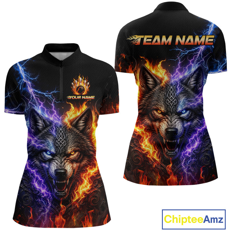 Custom fire lightning wolf bowling jersey for women, personalized team bowling quarter zip shirt front view and back view 