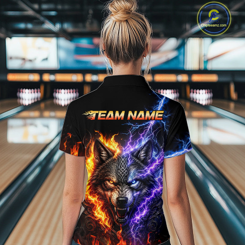 Women’s fire lightning wolf bowling quarter zip shirt, back view on female model in bowling lane 