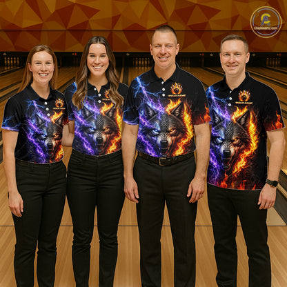 Group of bowlers in fire lightning wolf team shirts, personalized bowling uniforms front view.