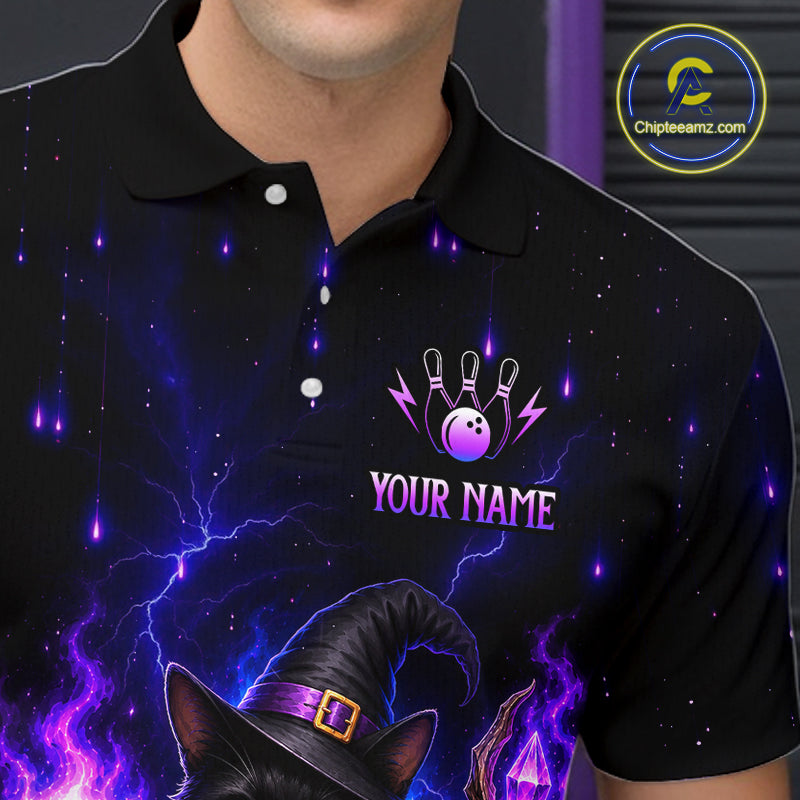 A close-up of a person wearing a black short-sleeve polo shirt with a custom bowling-themed graphic print. The design features purple lightning, falling stars, a witch hat, and a bowling pin and ball motif with the placeholder text 'YOUR NAME'.