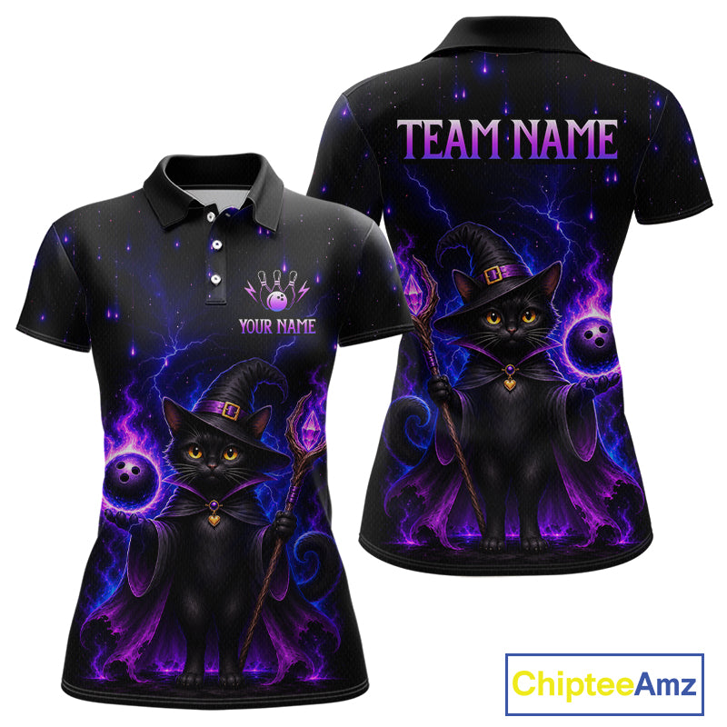 Custom black polo shirt with a witch cat graphic, shown in front and back views. The shirt features a purple and blue lightning design, a black cat in a witch hat, and customizable text areas on the chest and back.
