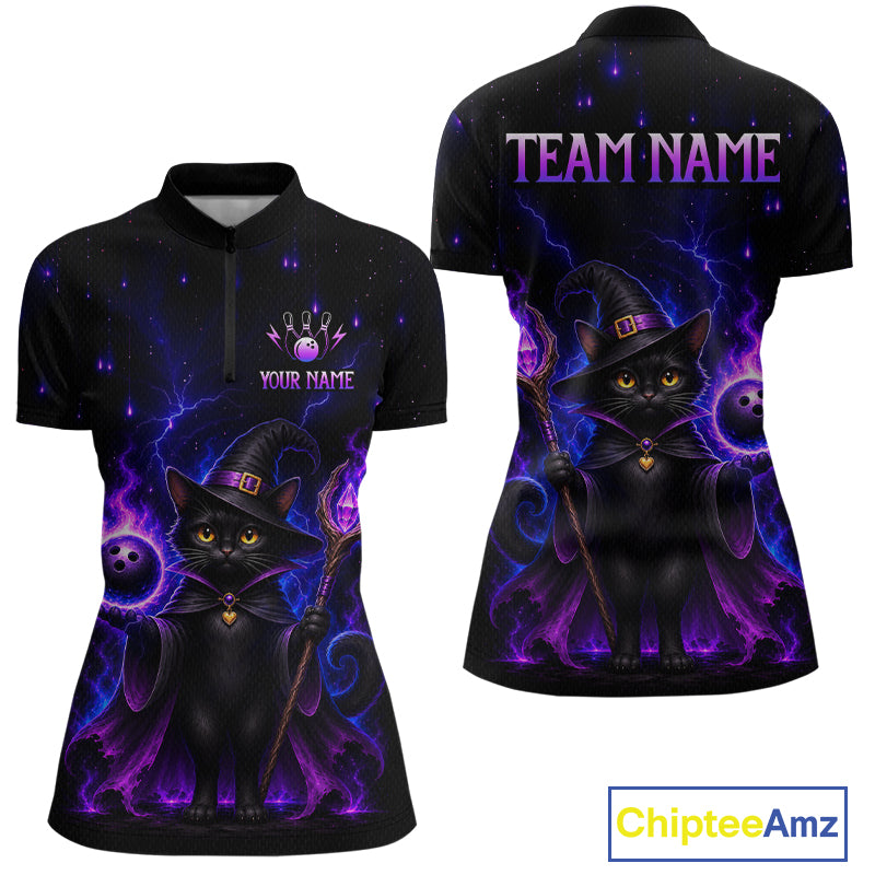 Front and back views of a women's short-sleeve polo shirt with an all-over graphic print of a black witch cat surrounded by purple and blue lightning effects. The front features a mock neck, customizable text 'YOUR NAME' and 'TEAM NAME' on the chest.