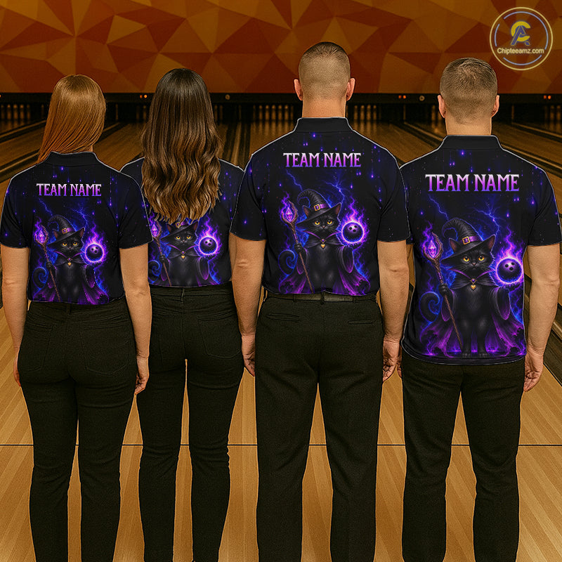 Four people standing from the back in a bowling alley, wearing matching black short-sleeve shirts with a purple and black cat graphic and the text 'TEAM NAME' printed across the upper back.
