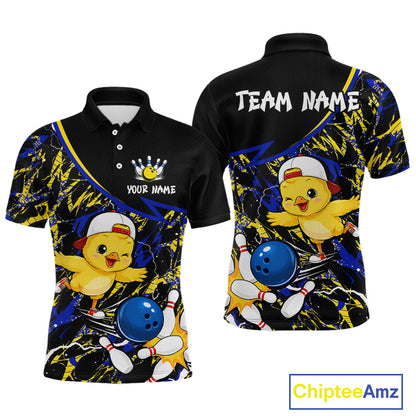 Black polo shirt with cartoon character and bowling elements, customizable text on a white background.