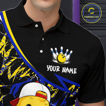 Black polo shirt with a bowling design and space for personalization, featuring a brand logo in the corner.
