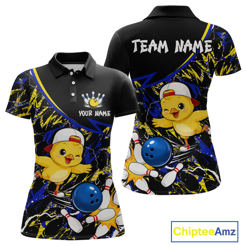 Black polo shirt with cartoon chicken design and customizable text on a white background