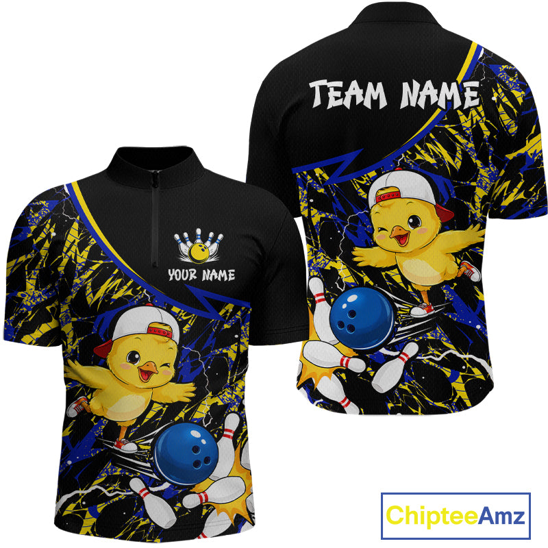 Black bowling-themed shirt with cartoon character and customizable text, featuring Chiptee Amz branding.