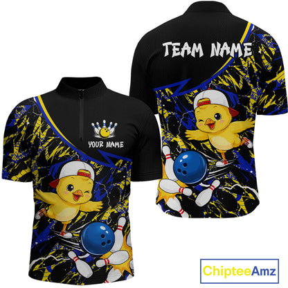 Black bowling-themed shirt with cartoon character and customizable text, featuring Chiptee Amz branding.