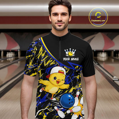 Man wearing a colorful bowling-themed shirt with a chicken graphic in a bowling alley.