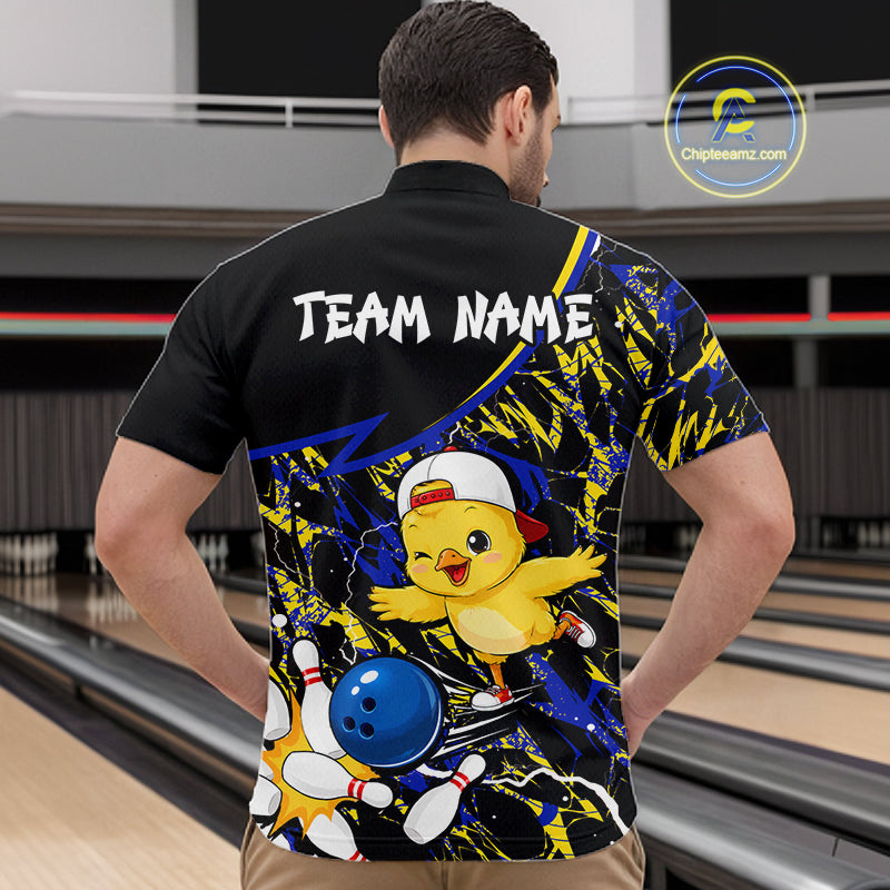 Person wearing a colorful bowling shirt with a chicken graphic in a bowling alley.